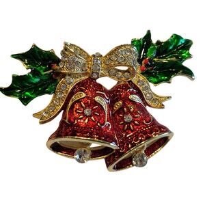 Vintage Christmas Bells Brooch Red Enamel Green Holly Gold Tone Rhinestone Bow